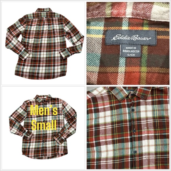 Men's Eddie Bauer Small Soft Flannel Shirt Plaid Orange Green Long Sleeve Pocket - Picture 1 of 10